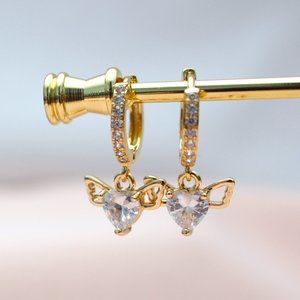 Winged Heart With Cubic Zirconia Hoop Earrings